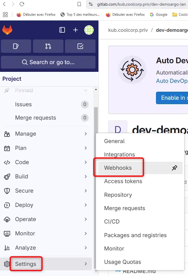 Activation du webhook dans gitlab