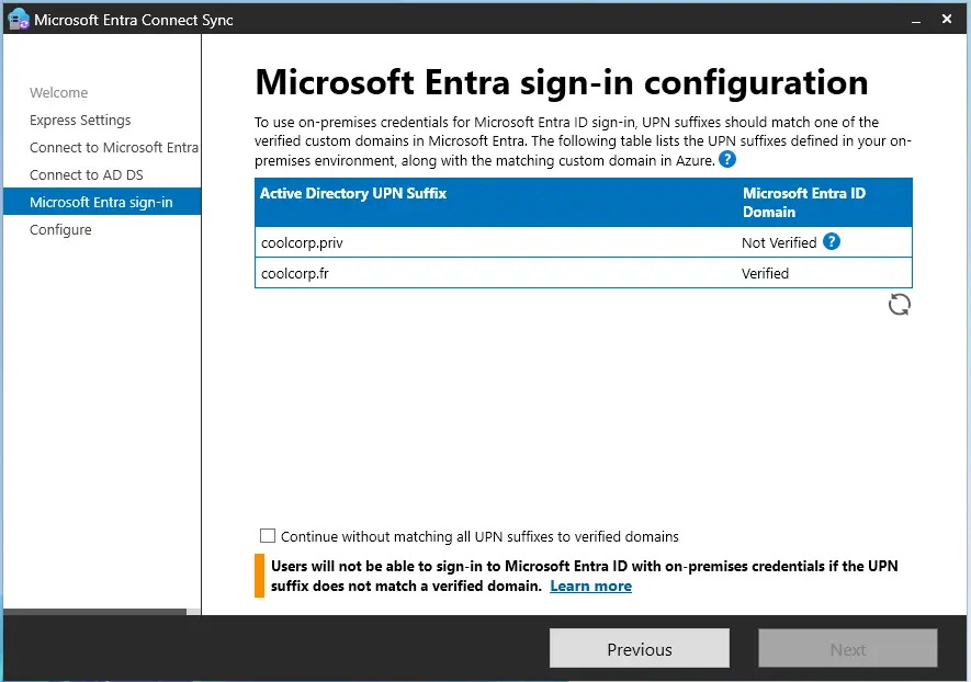 usage de Microsoft Entra Connect Sync pour mon domaine