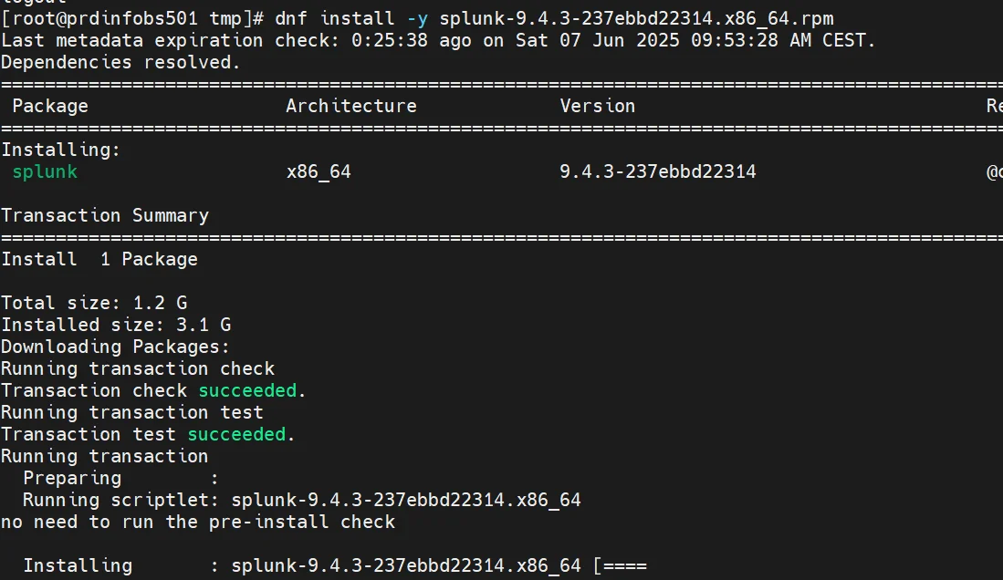 Lancement de l'installation de splunk