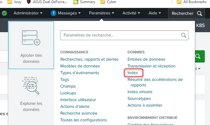 Menu de création d'index