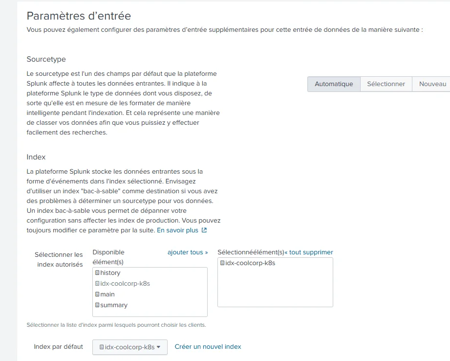 Configuration de l'index pour le collector