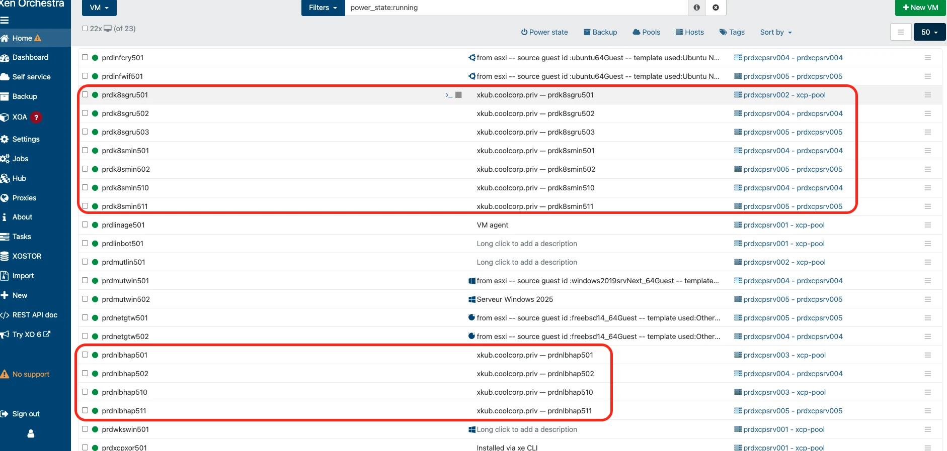 VMs du cluster xkub réparties sur les serveurs XCP-ng