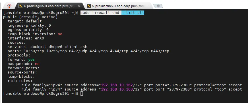 Sortie firewall-cmd --list-all sur un futur control plane, avec les rich rules etcd