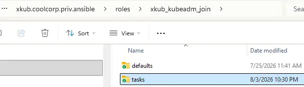 Arborescence du rôle Ansible xkub_kubeadm_join : dossiers defaults et tasks