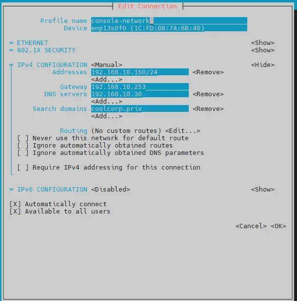Usage de nmtui: profil console-network