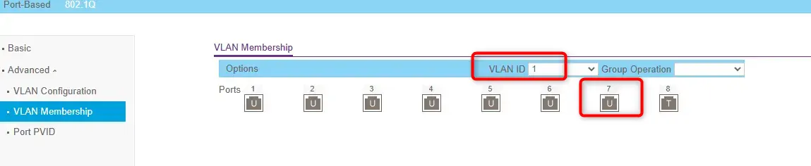 Configuration du switch; untagged sur le VLAN par défault 1