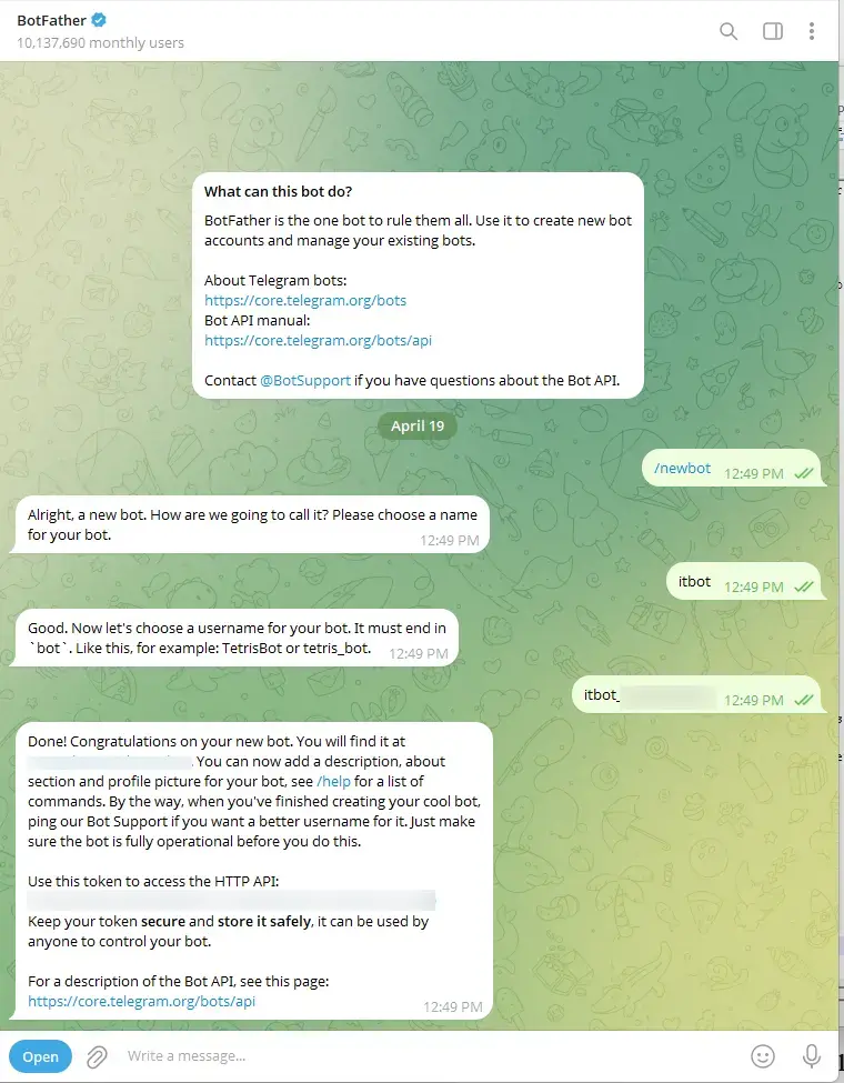 Suivi de la création du bot et récupération de la clef API