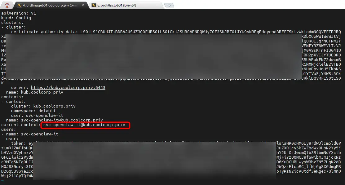 Fichier kubeconfig temporairement stocké dans /tmp sur le serveur dédié aux agents