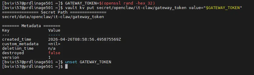 Création du token de gateway de l'agent et stockage dans Vault