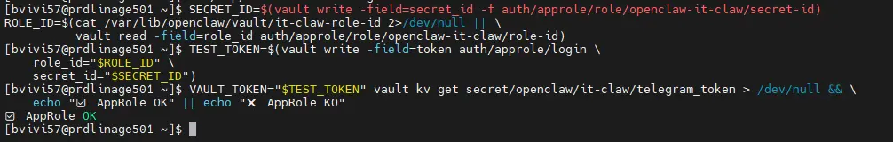 Test de la chaîne AppRole : génération du secret_id, login et lecture d'un secret