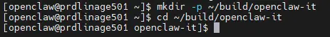 Positionnement dans le contexte de l'utilisateur openclaw et création du dossier de build pour l'agent it-claw