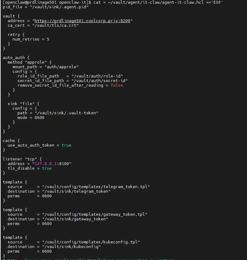 Configuration HCL du vault-agent pour se connecter à Vault, s'authentifier en AppRole, récupérer les secrets via les templates et les déposer dans le dossier sink