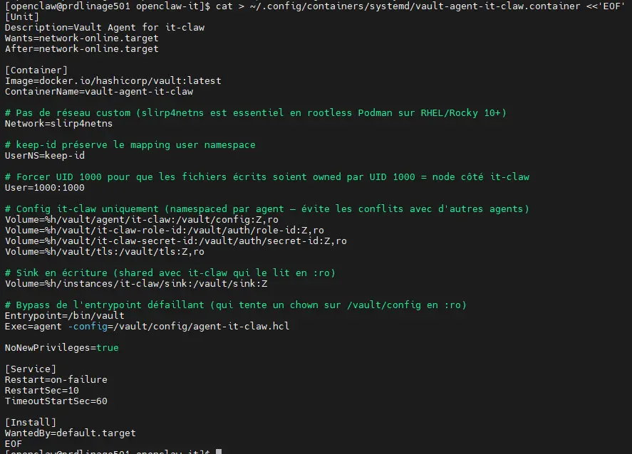 Configuration du quadlet pour le conteneur vault-agent de l'agent it-claw, avec les paramètres spécifiques pour le réseau, les volumes, l'utilisateur et l'entrypoint