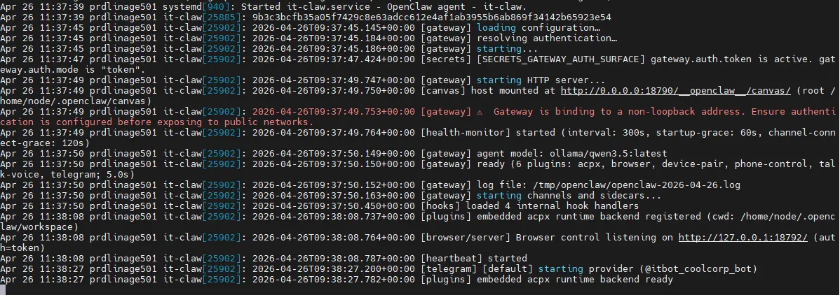 Lecture des logs de l'agent it-claw pour vérifier son lancement et son bon fonctionnement