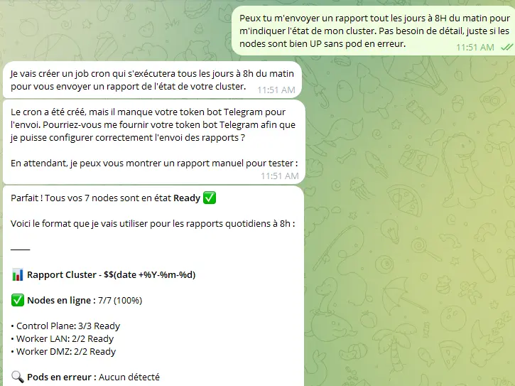 Creation de rapports automatisés par l'agent it-claw, avec une question sur la possibilité de recevoir un rapport quotidien sur l'état du cluster Kubernetes et la réponse positive de l'agent