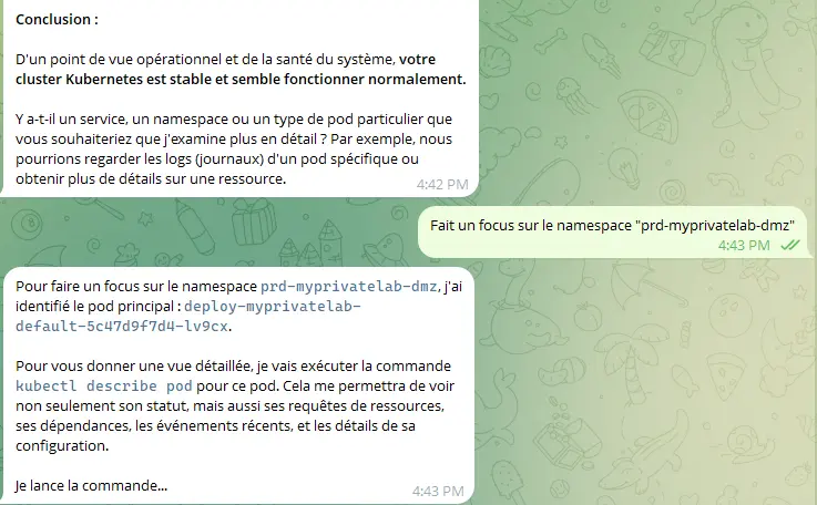 Exemple d'interaction avec l'agent it-claw via Telegram, avec une question sur l'état du cluster Kubernetes et la réponse détaillée de l'agent