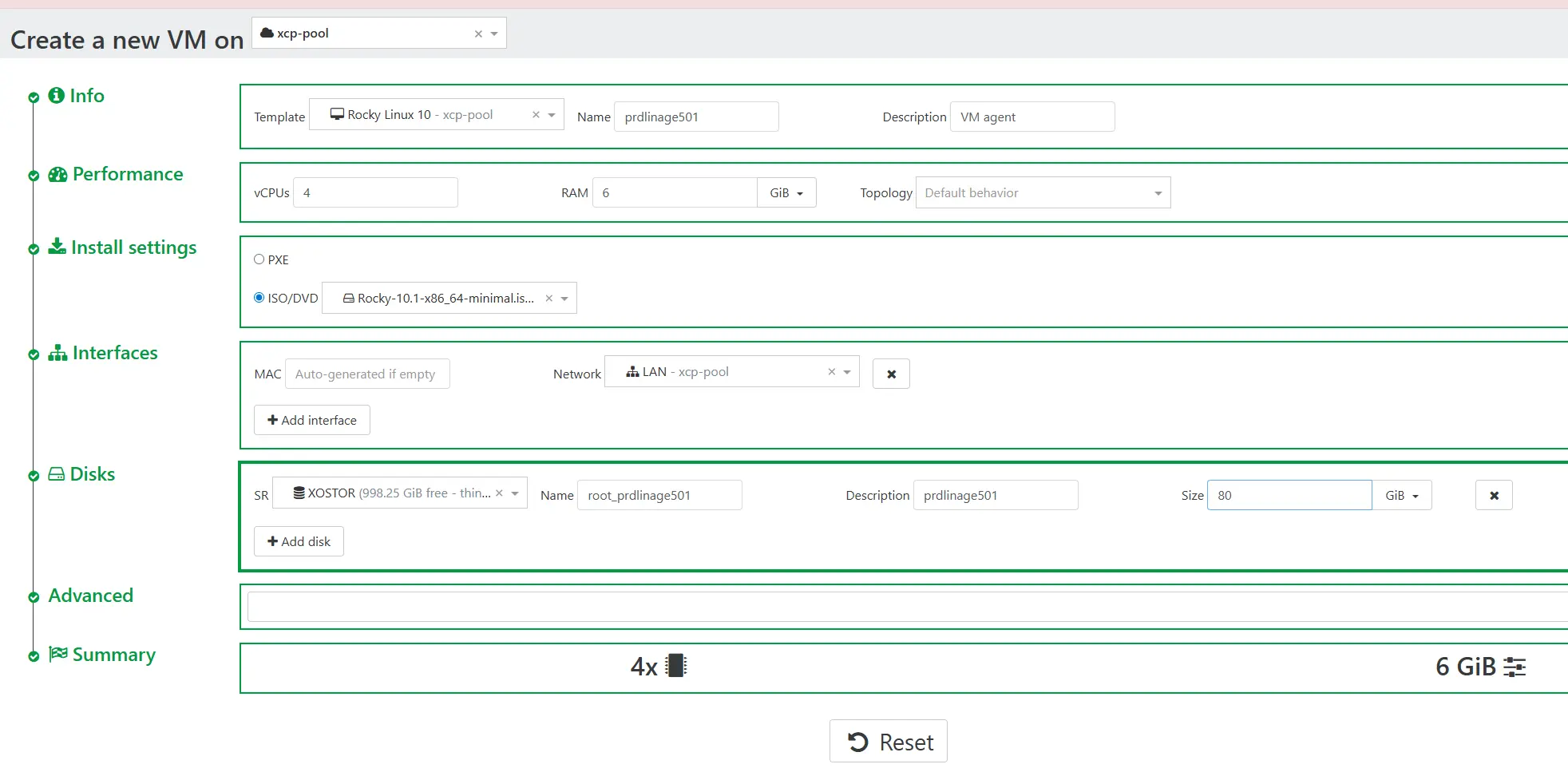 Caractéristique de la VM sous XCP-ng