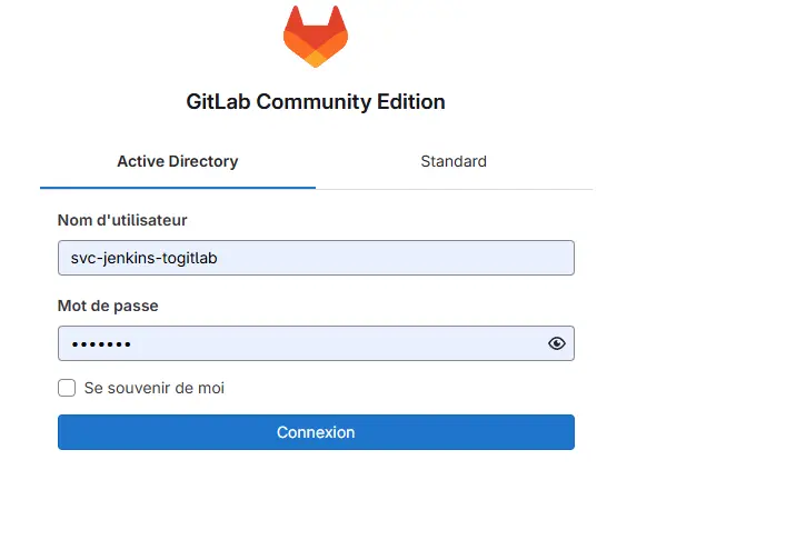 Connexion à gitlab avec le compte de service