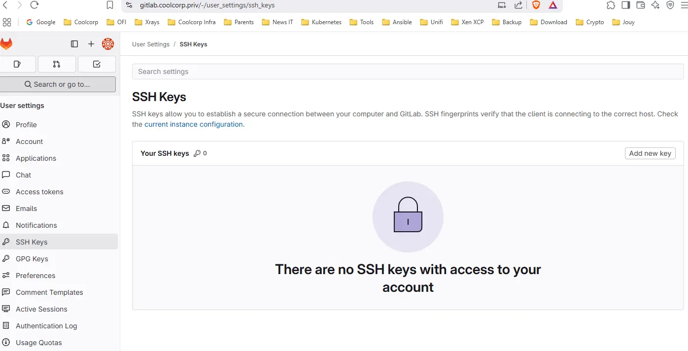 Ajout de la clef au compte de service dans gitlab