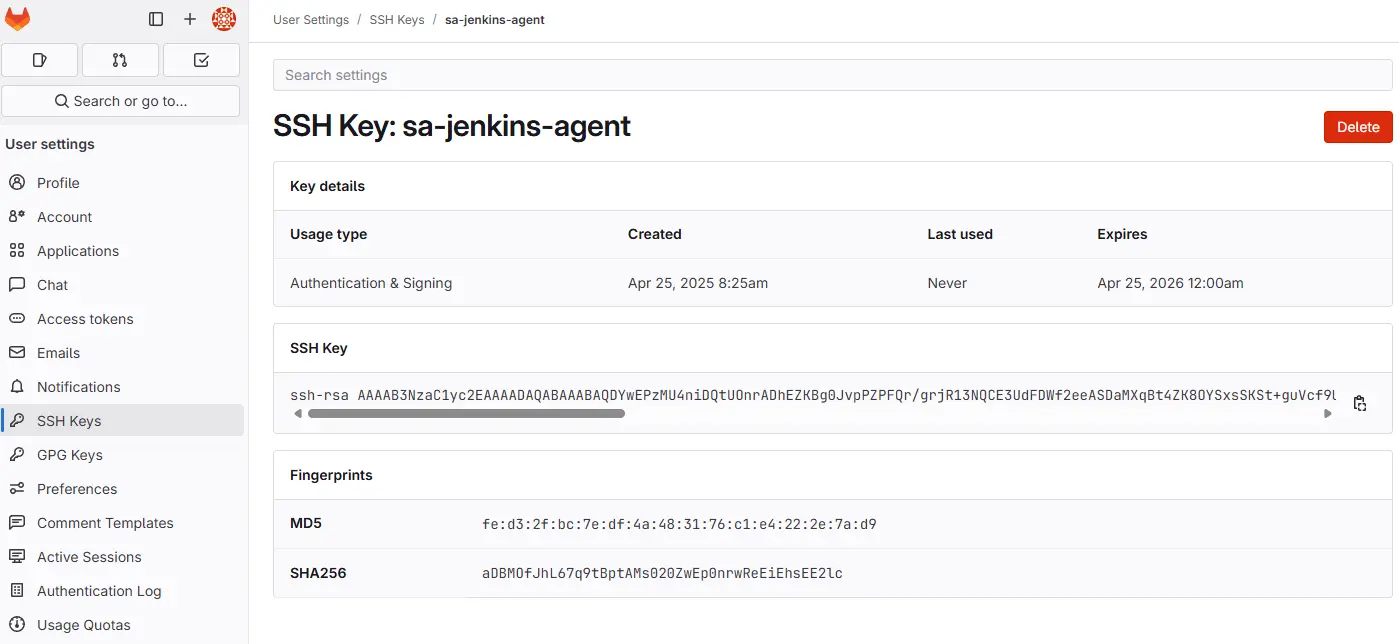 Ajout de la clef au compte de service dans gitlab