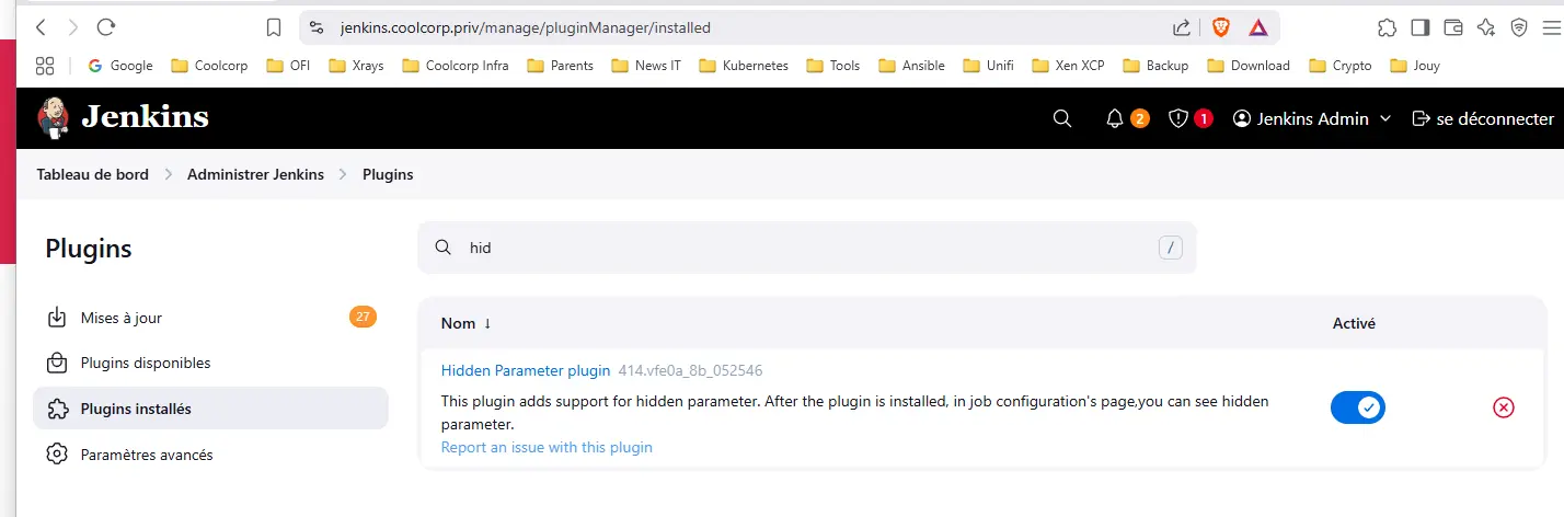 Installation du plugin jenkins Hidden Parameter