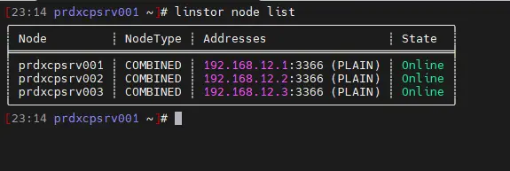 Liste des nœuds LINSTOR après retour du serveur