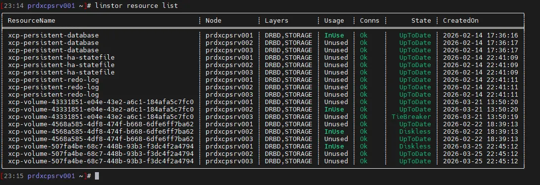 État des ressources LINSTOR avant le test