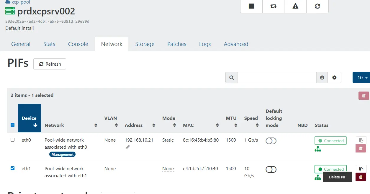 Suppression de la conf par défault eth1 sur prdxcpsrv002