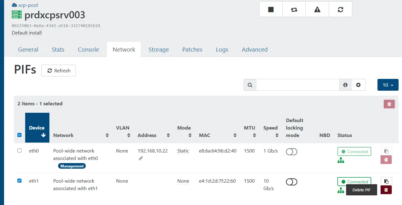 Suppression de la conf par défault eth1 sur prdxcpsrv003