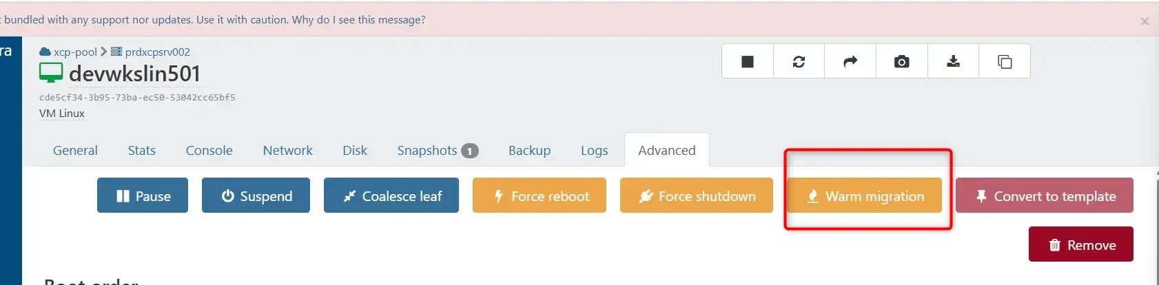 Usage de Warm Migration