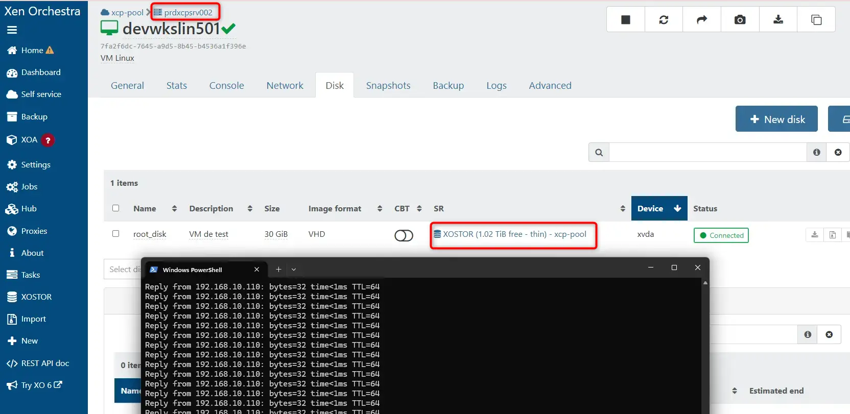 VM UP sur le SR XOSTOR
