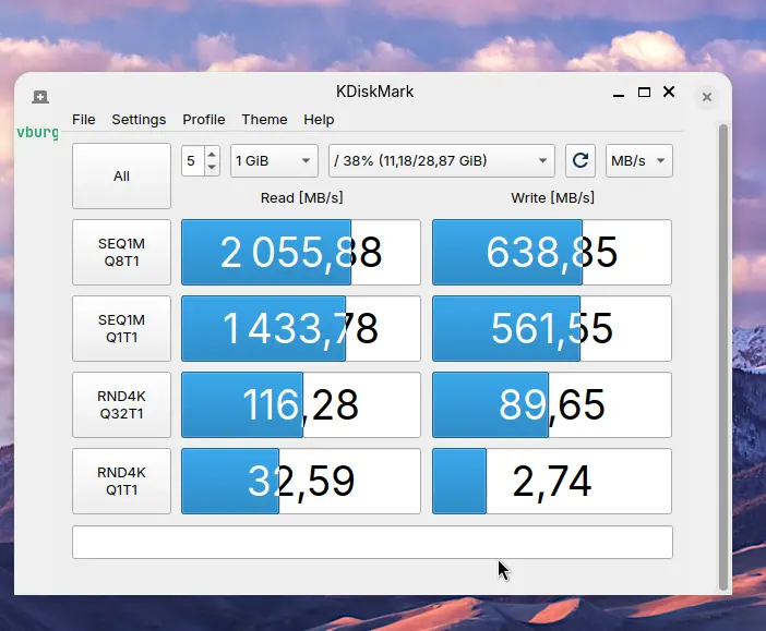 Résultats KdiskMark sur le SR XOSTOR
