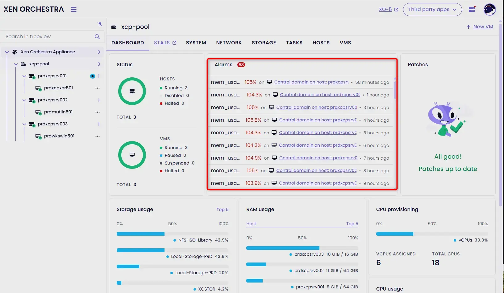 Exemple de problème de mémoire sur les dom0