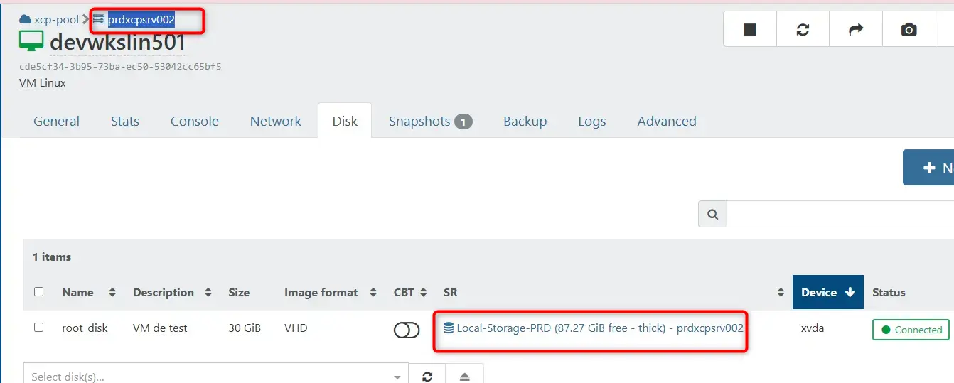 VM de test sur le SR local de prdxcpsrv002